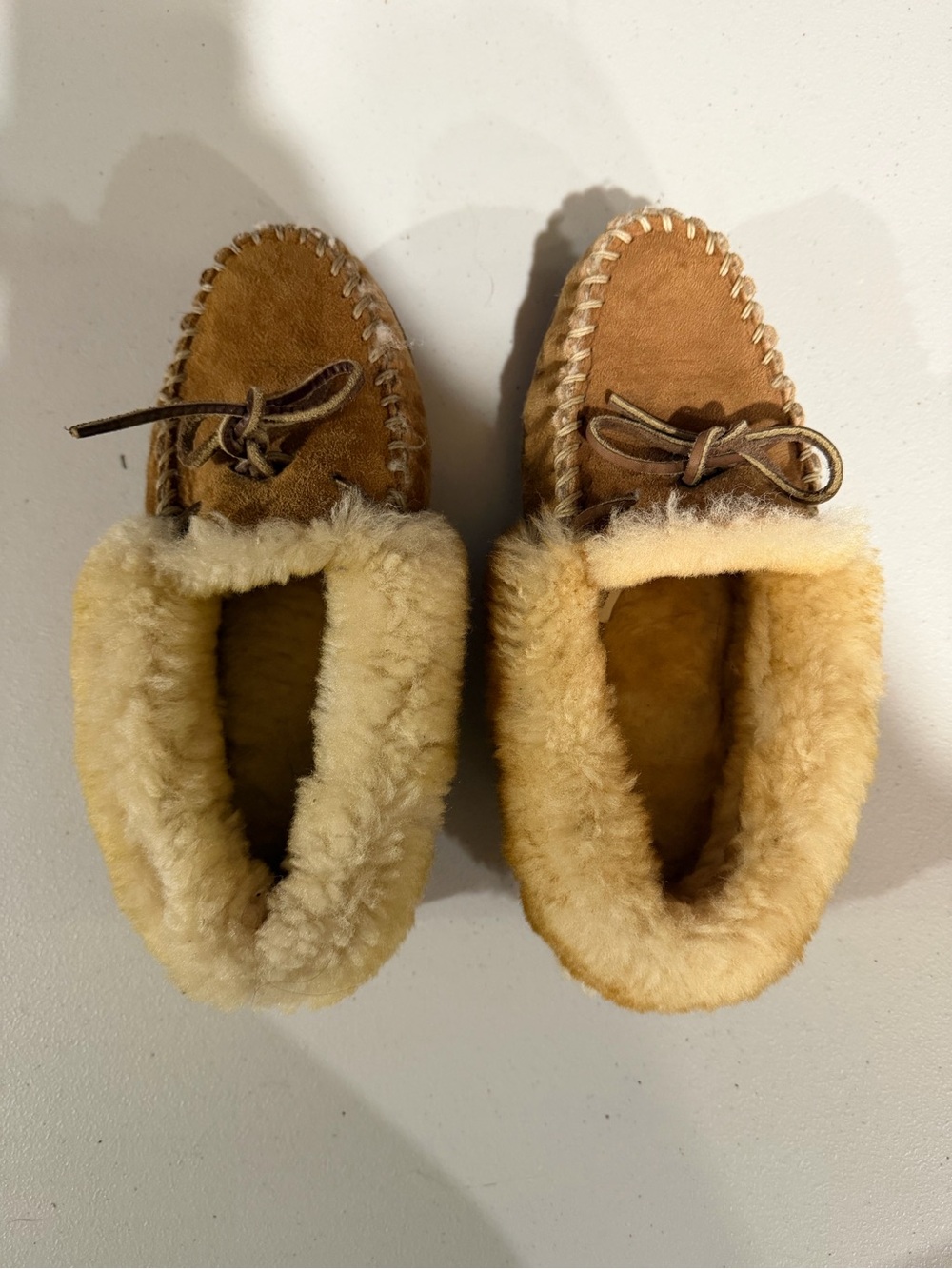 LL Bean Women’s Suede Moccasin Slippers with Shearling Lining - Chestnut